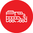 Icon of a train on a red background.