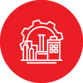Icon of an industrial factory with a gear symbol.